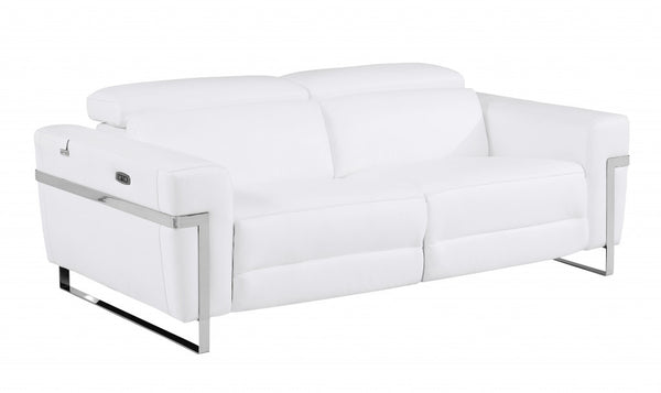 83" White Italian Leather USB Sofa With Silver Legs