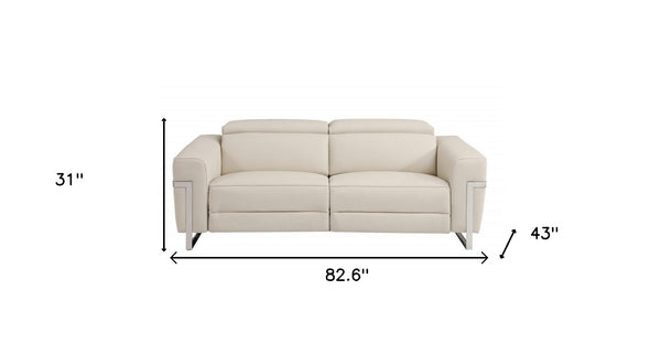 83" Beige Italian Leather USB Sofa With Silver Legs