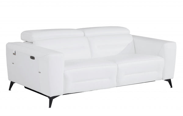 83" White Italian Leather USB Sofa With Silver Legs