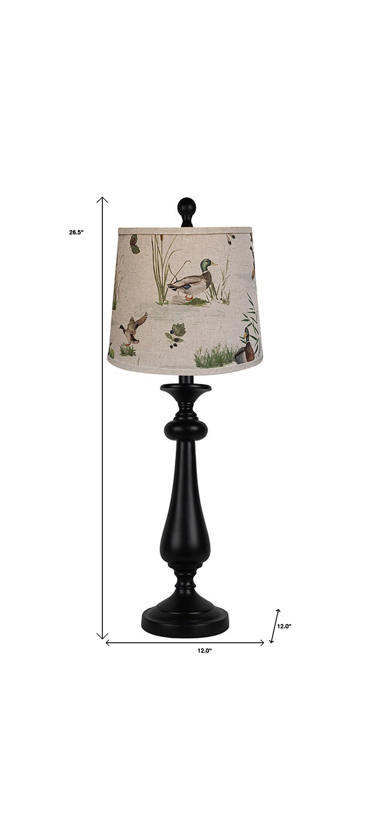 27" Black Candlestick Table Lamp With Ivory Duck Shade