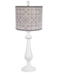 27" White Table Lamp With Gray Taupe Batik Print Drum Shade