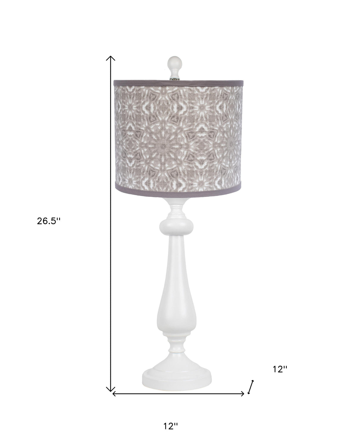 27" White Table Lamp With Gray Taupe Batik Print Drum Shade