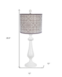 27" White Table Lamp With Gray Taupe Batik Print Drum Shade