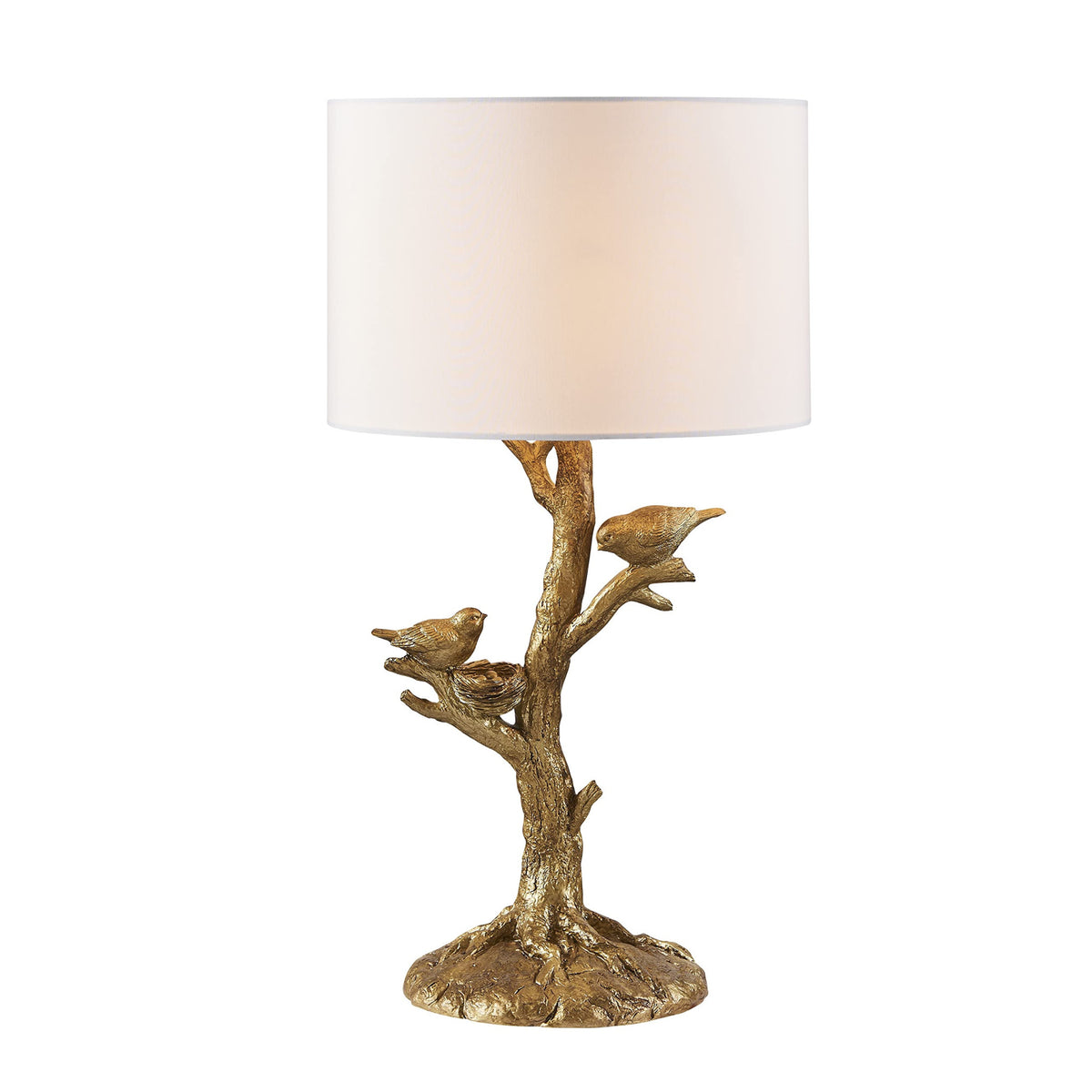 22" Golden Birds in a Tree Table Lamp With White Drum Shade