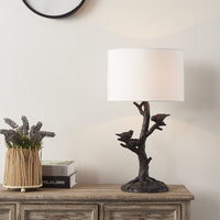 22" Dark Deep Red Birds in a Tree Table Lamp With White Drum Shade