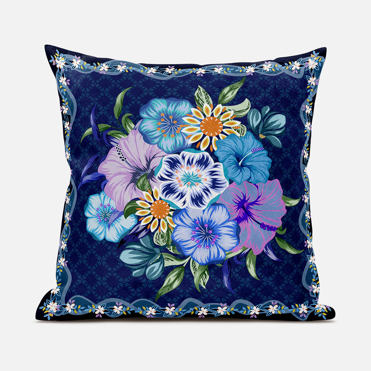 16x16 Indigo Yellow DarkBlue Blown Seam Broadcloth Floral Throw Pillow