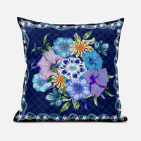 16x16 Indigo Yellow DarkBlue Blown Seam Broadcloth Floral Throw Pillow