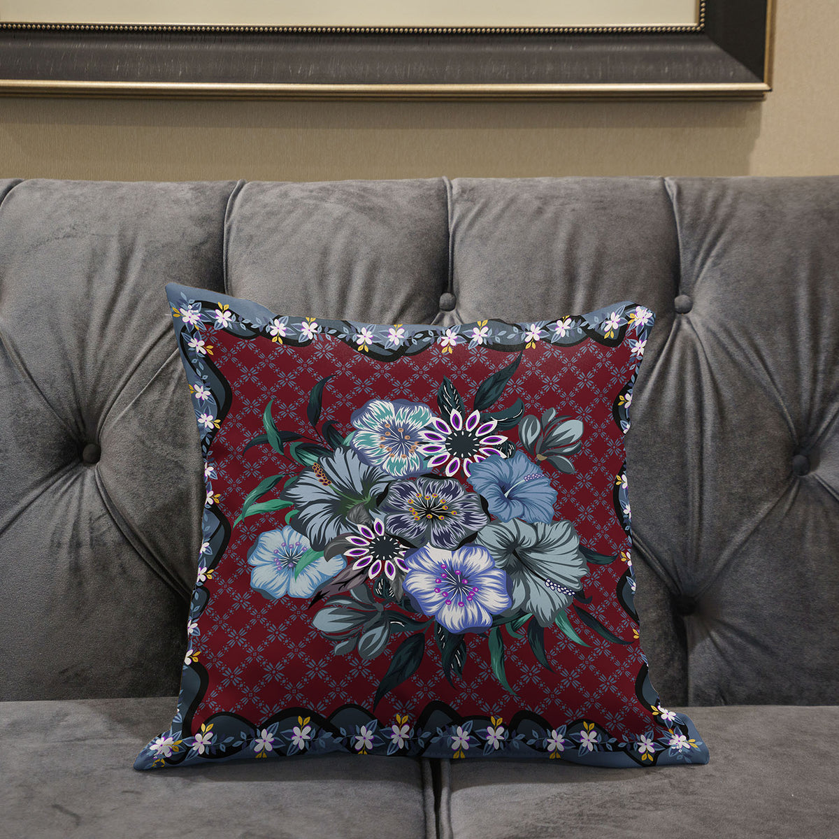 16x16 Red Gray Blown Seam Broadcloth Floral Throw Pillow