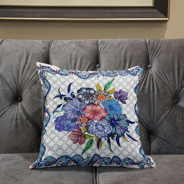 16x16 White Blue Blown Seam Broadcloth Floral Throw Pillow