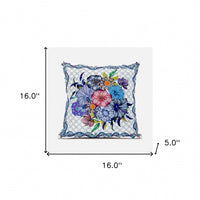 16x16 White Blue Blown Seam Broadcloth Floral Throw Pillow