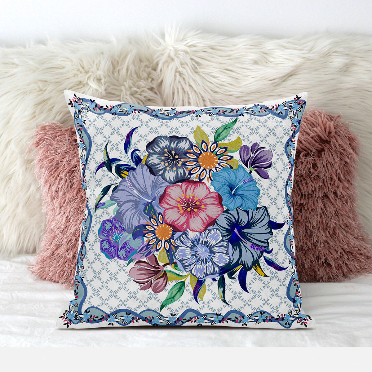 20x20 White Blue Blown Seam Broadcloth Floral Throw Pillow