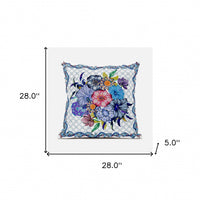 28x28 White Blue Blown Seam Broadcloth Floral Throw Pillow