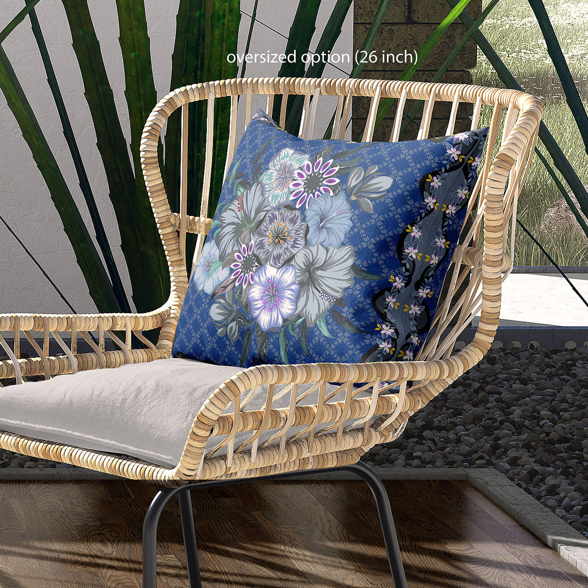 16" Blue and Gray Floral Indoor Outdoor Throw Pillow