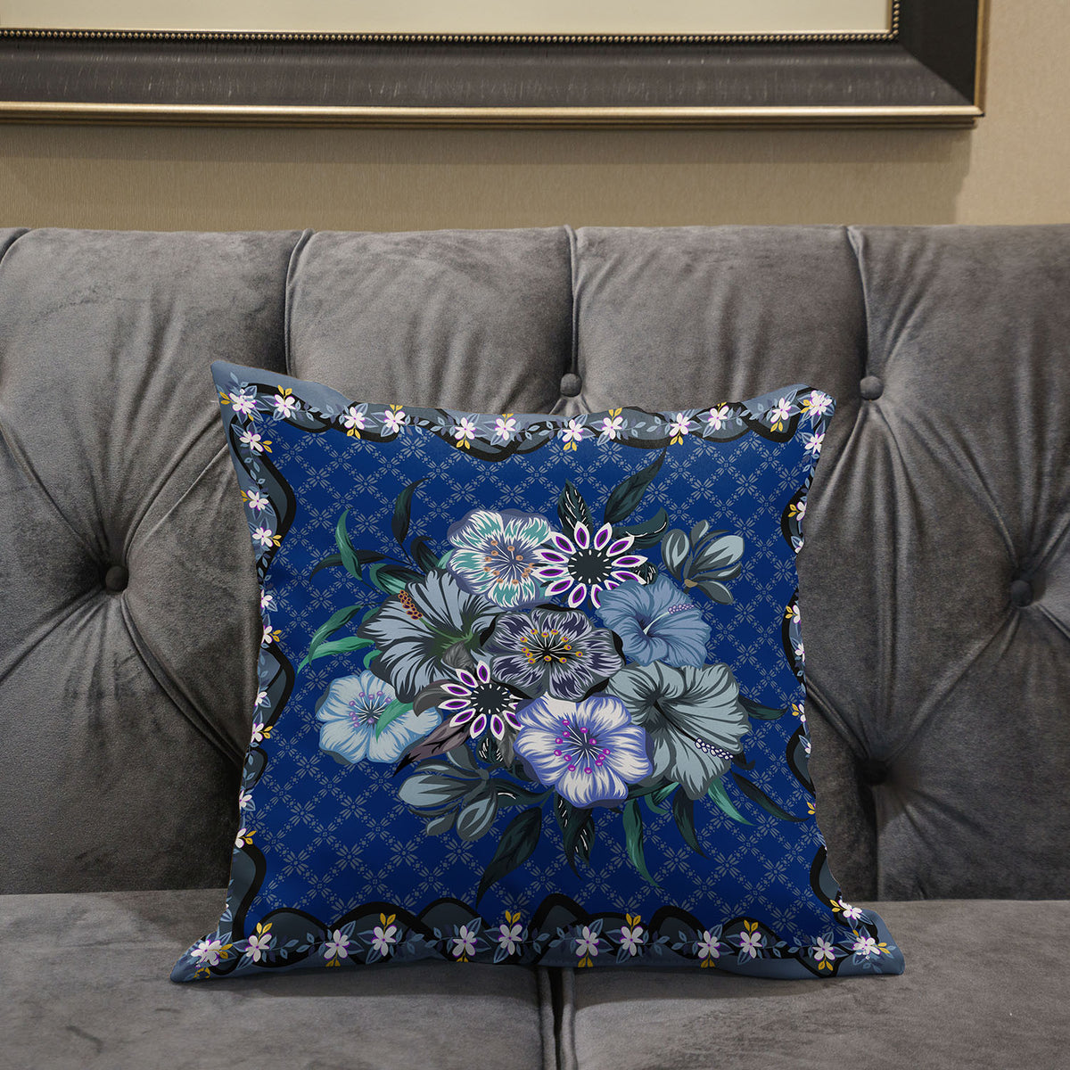 16" Blue and Gray Floral Indoor Outdoor Throw Pillow