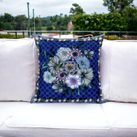 16" Blue and Gray Floral Indoor Outdoor Throw Pillow