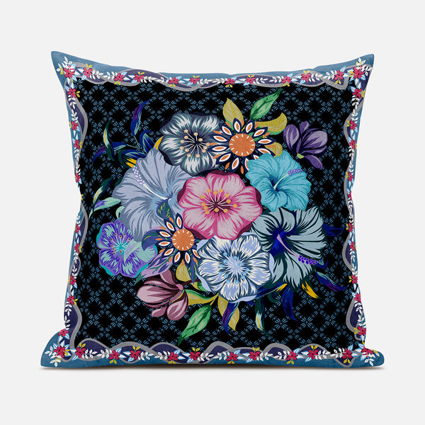 16x16 Black Blue Blown Seam Broadcloth Floral Throw Pillow