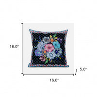 16x16 Black Blue Blown Seam Broadcloth Floral Throw Pillow