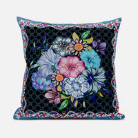 20x20 Black Blue Blown Seam Broadcloth Floral Throw Pillow