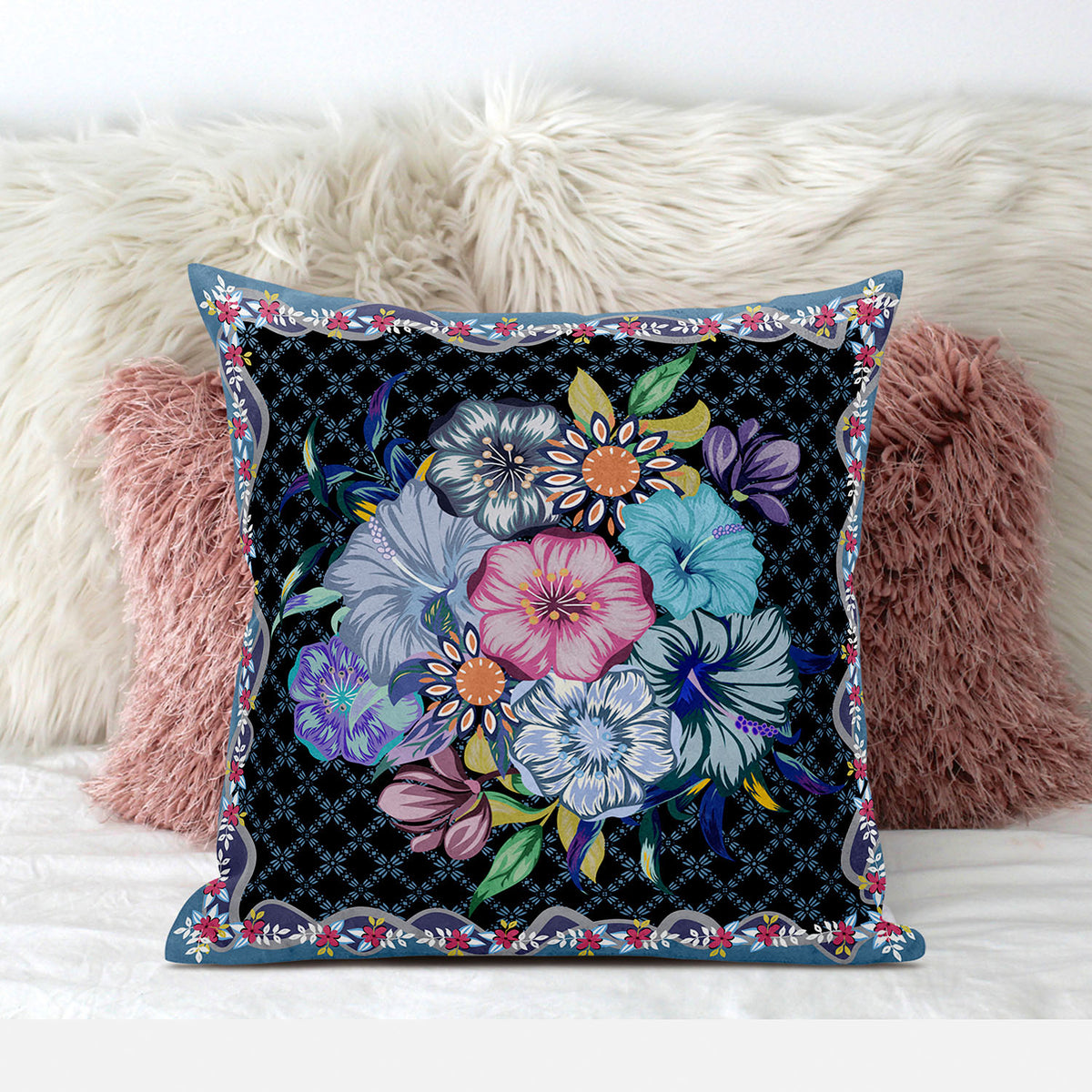 20x20 Black Blue Blown Seam Broadcloth Floral Throw Pillow