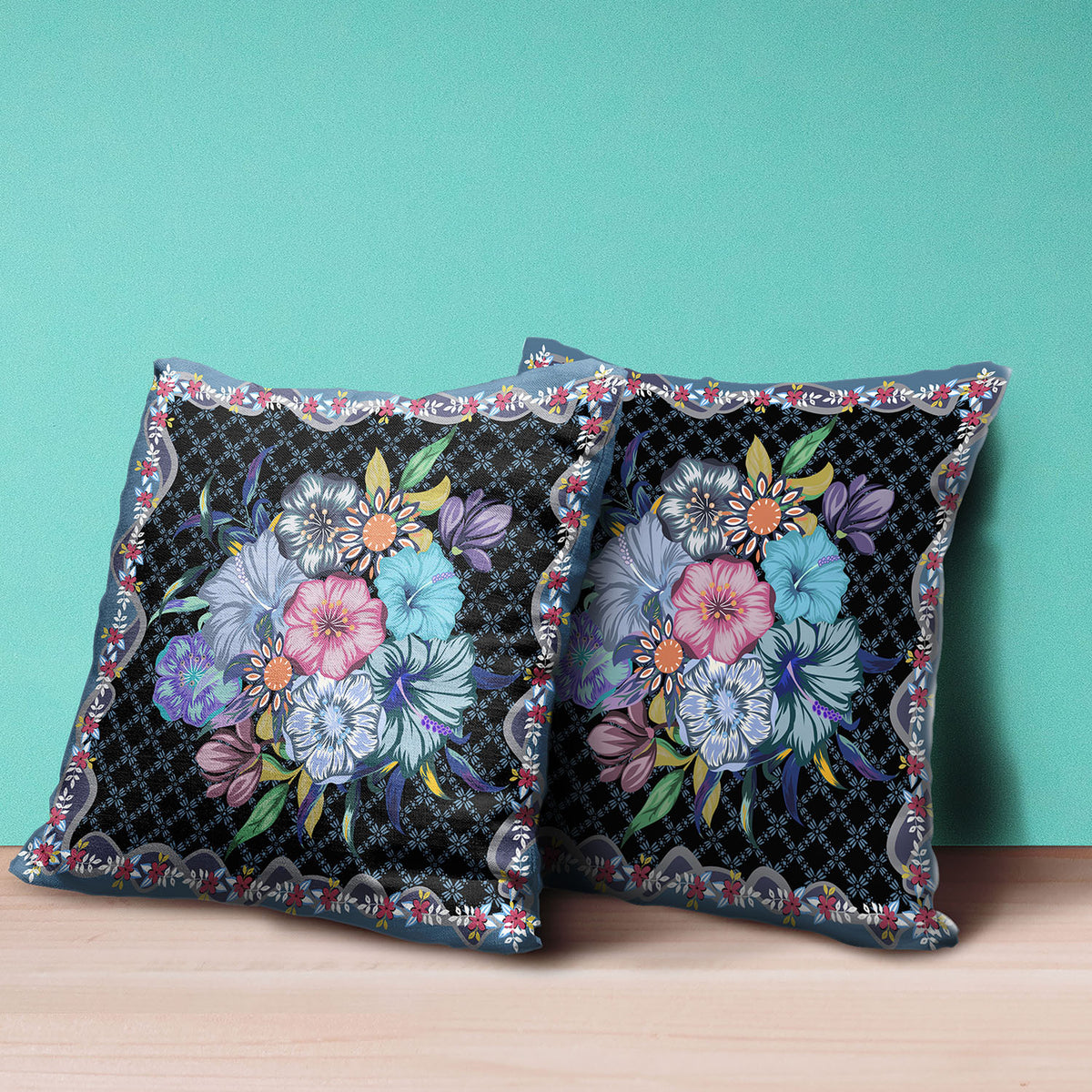 20x20 Black Blue Blown Seam Broadcloth Floral Throw Pillow