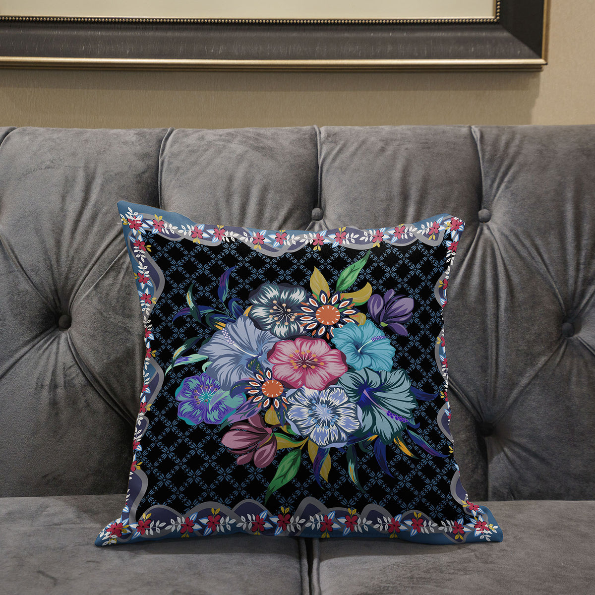 20x20 Black Blue Blown Seam Broadcloth Floral Throw Pillow