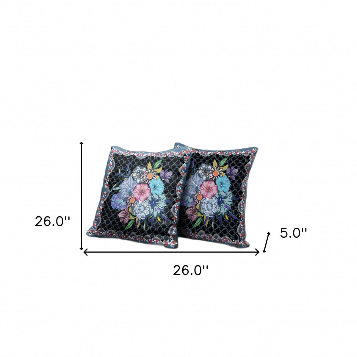 26x26 Black Blue Blown Seam Broadcloth Floral Throw Pillow