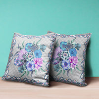 16x16 Beige Blue Gray Blown Seam Broadcloth Floral Throw Pillow