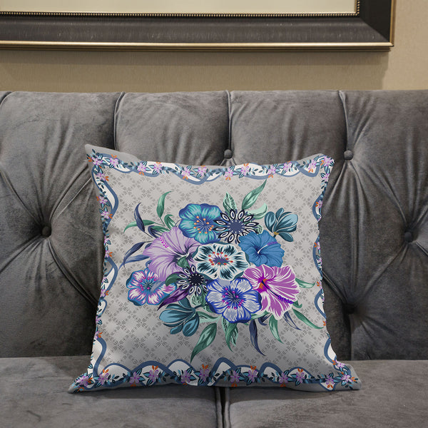 16x16 Beige Blue Gray Blown Seam Broadcloth Floral Throw Pillow