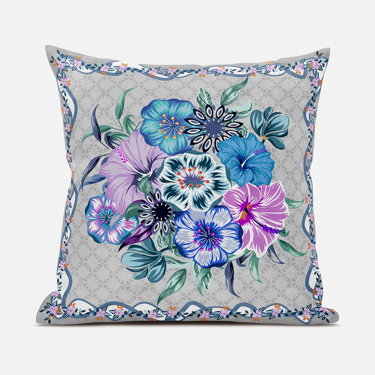 26x26 Beige Blue Gray Blown Seam Broadcloth Floral Throw Pillow