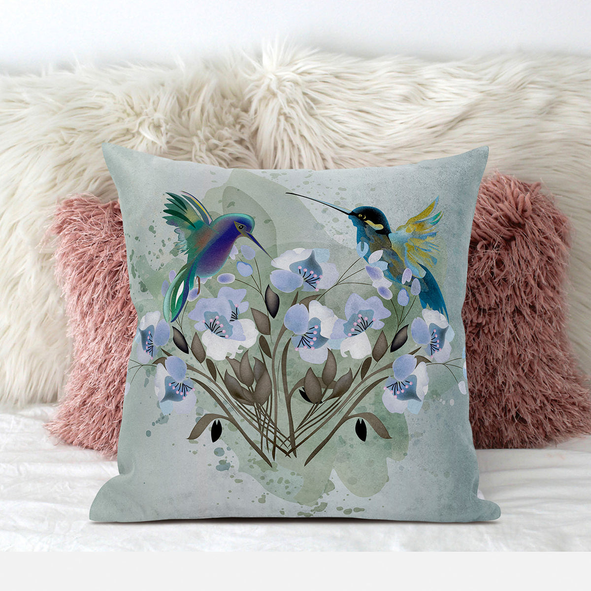 28x28 Green Blue Bird Blown Seam Broadcloth Animal Print Throw Pillow