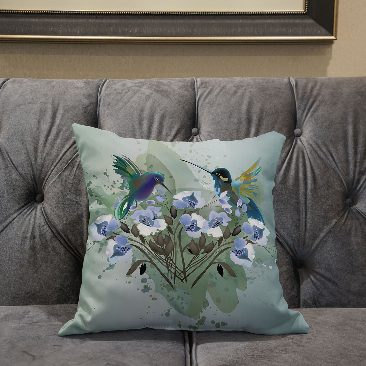 28x28 Green Blue Bird Blown Seam Broadcloth Animal Print Throw Pillow