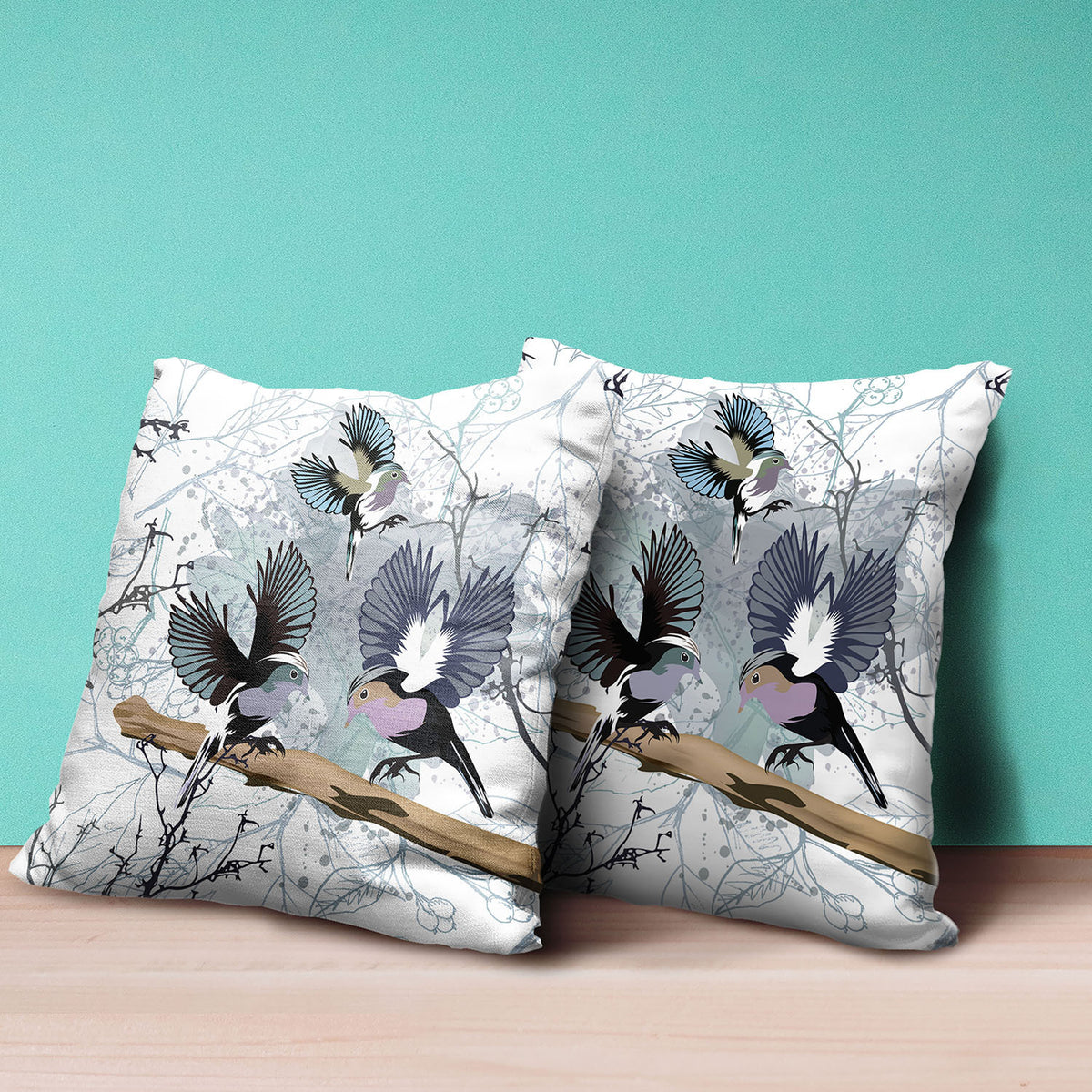 20x20 White Gray Black Bird Blown Seam Broadcloth Animal Print Throw Pillow