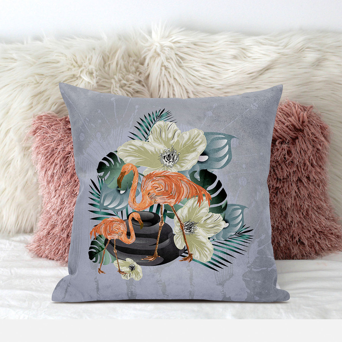 18x18 Green Orange Gray Bird Blown Seam Broadcloth Animal Print Throw Pillow