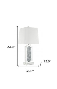 33" Mirrored Glass Faux Crystals Table Lamp With White Square Shade