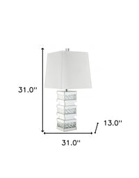 31" Mirrored Glass Faux Crystal Chunky Geo Table Lamp With White Square Shade