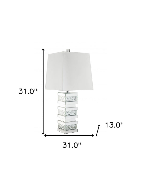 31" Mirrored Glass Faux Crystal Chunky Geo Table Lamp With White Square Shade