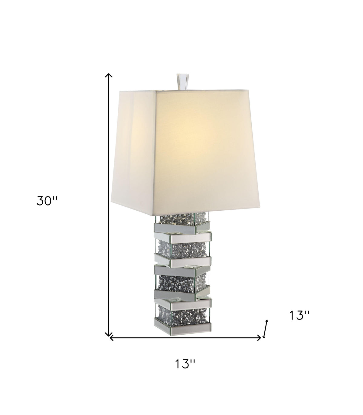 30" Clear and Mirrored Glass Faux Crystal Table Lamp With White Square Shade