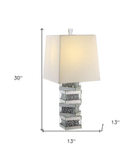 30" Clear and Mirrored Glass Faux Crystal Table Lamp With White Square Shade