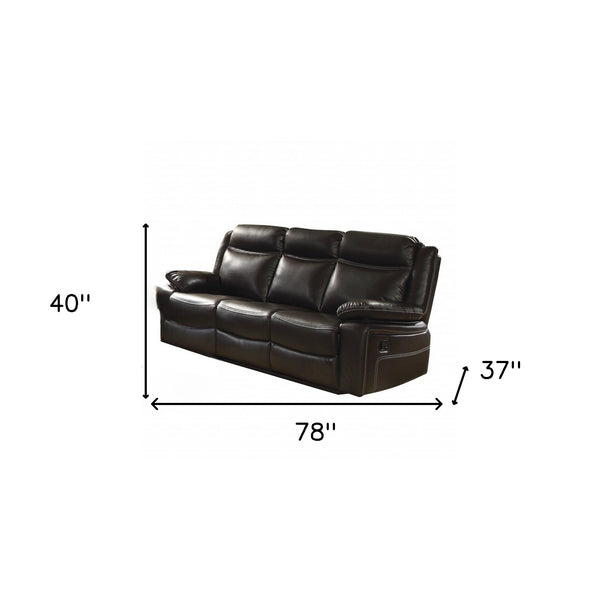 78" Espresso Faux Leather Reclining Sofa With Black Legs