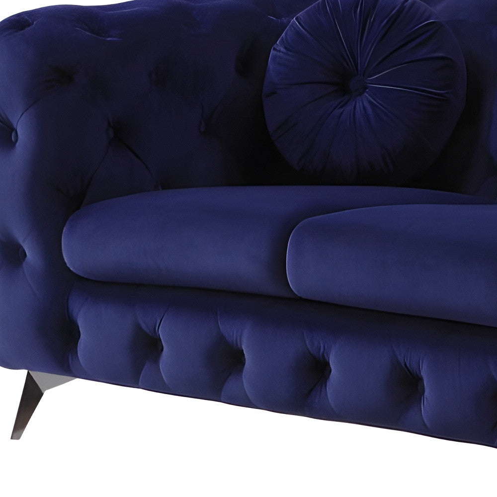 90" Blue Velvet Chesterfield Sofa With Silver Legs