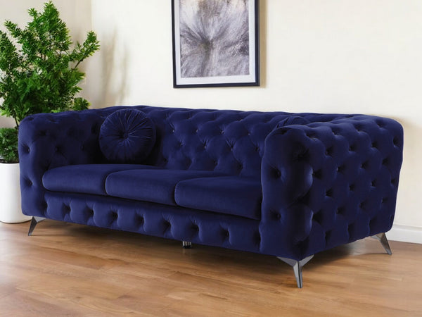 90" Blue Velvet Chesterfield Sofa With Silver Legs