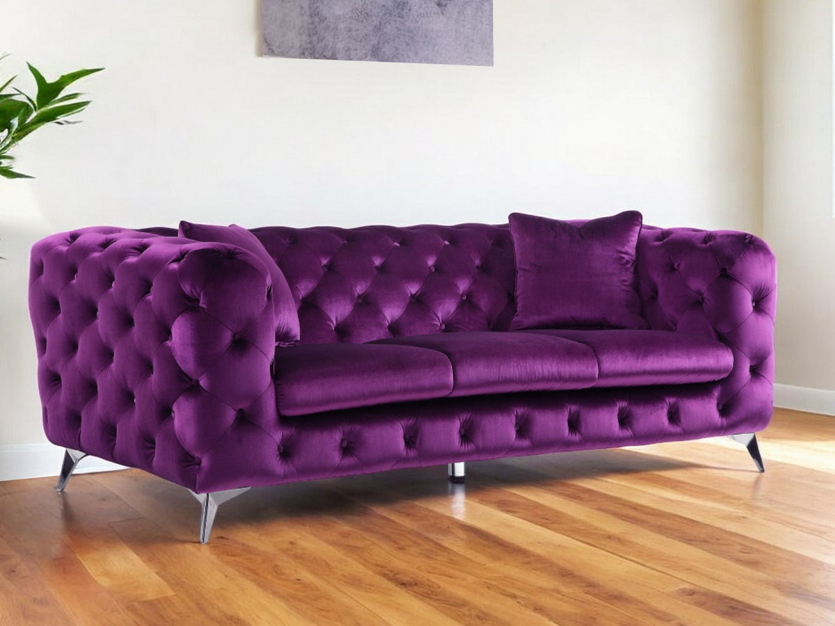 90" Purple Velvet Chesterfield Sofa With Silver Legs