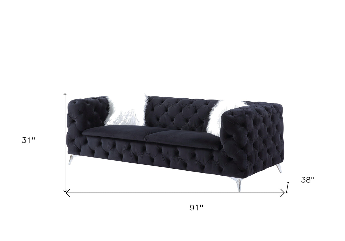 91" Black Velvet Sofa And Toss Pillows With Silver Legs