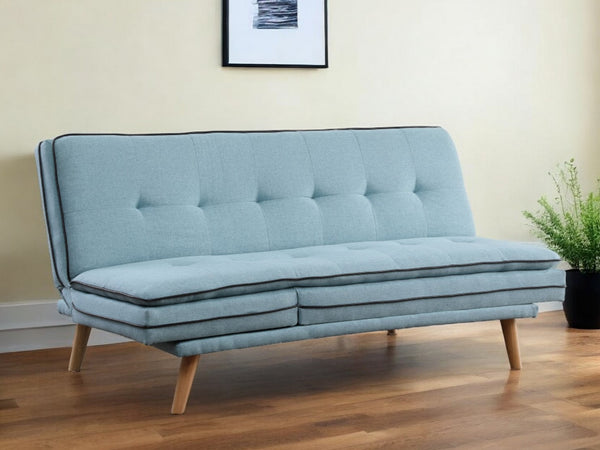 72" Blue Linen Convertible Futon Sleeper Sofa With Oak Legs