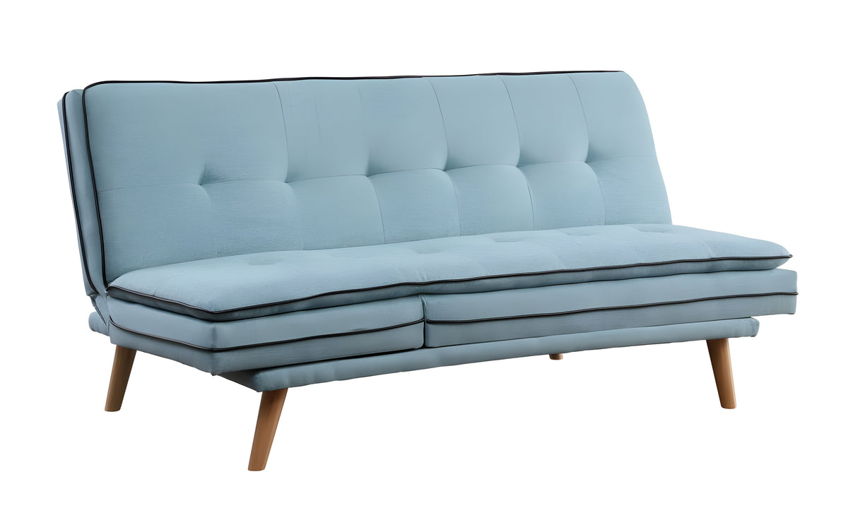 72" Blue Linen Convertible Futon Sleeper Sofa With Oak Legs