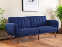 76" Blue Linen Convertible Futon Sleeper Sofa With Wood Brown Legs