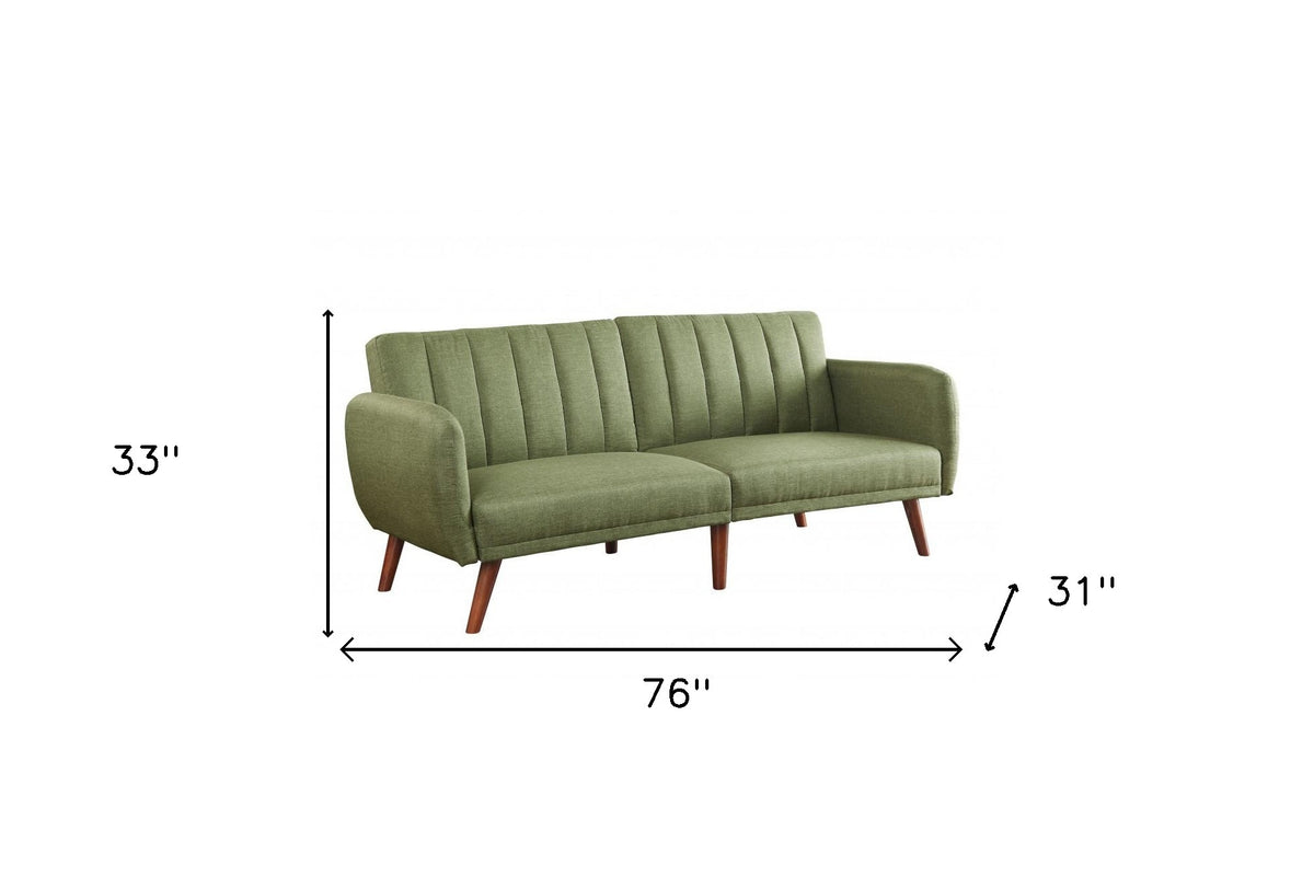 76" Green Linen Sleeper Sofa With Wood Brown Legs