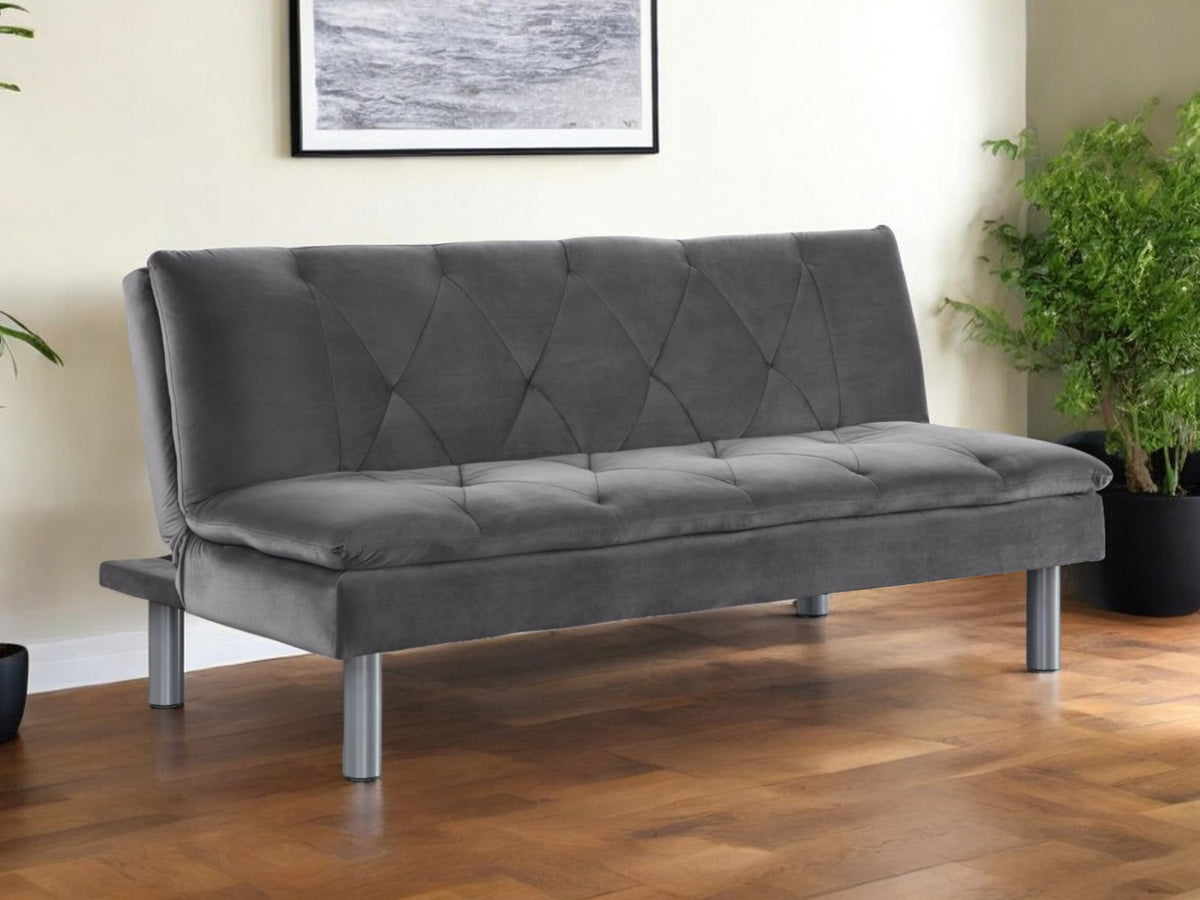 66" Gray Velvet Convertible Futon Sleeper Sofa With Silver Legs