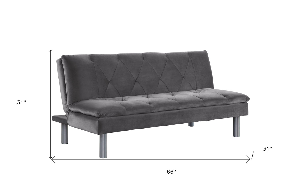 66" Gray Velvet Convertible Futon Sleeper Sofa With Silver Legs