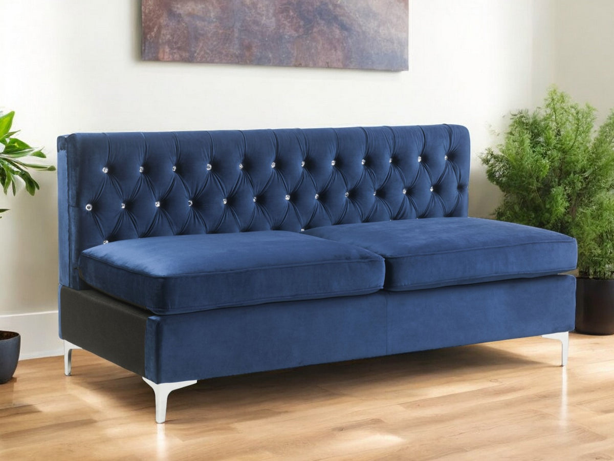 69" Blue Velvet Modular Sofa With Silver Legs